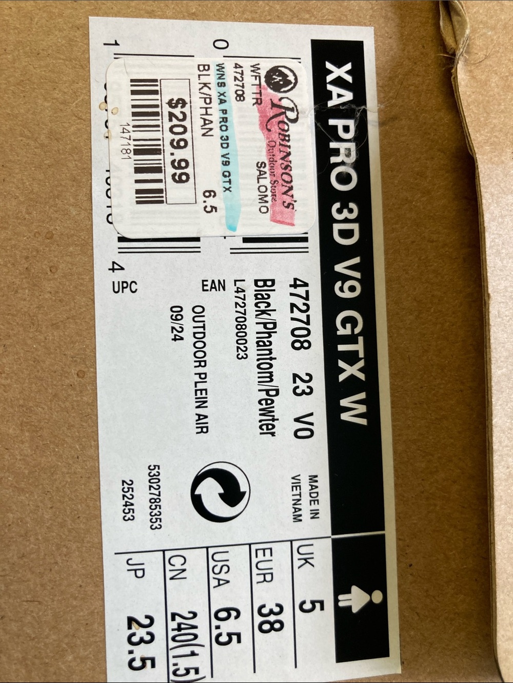 209$ black goretex hiking boot Salomon XA pro Trail Running 6.5 38